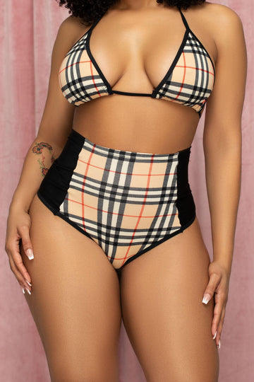 Pantalones de cintura alta con cuadros escoceses en color tostado